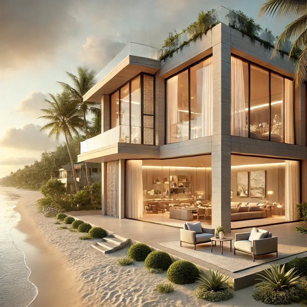 Luxurious beachfront villa at sunset with palm trees