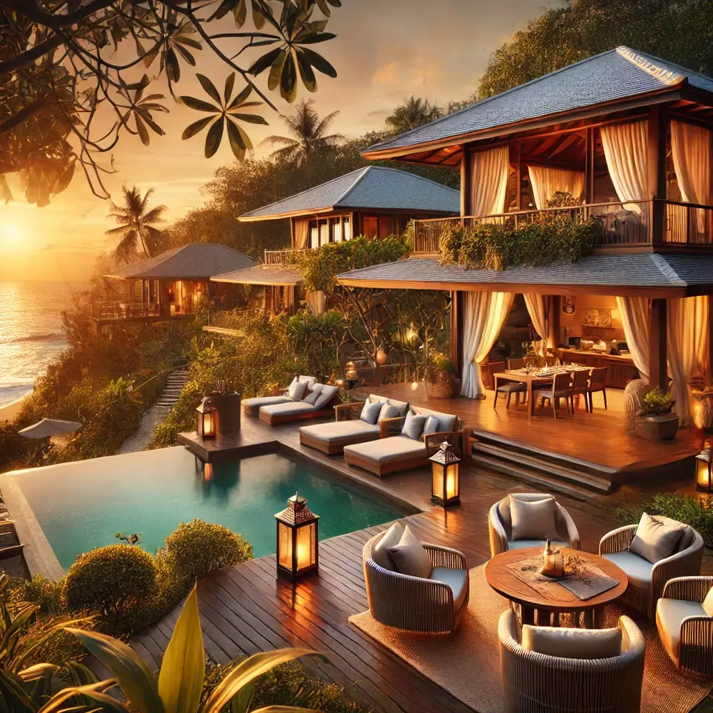 Luxurious beachfront villa at sunset